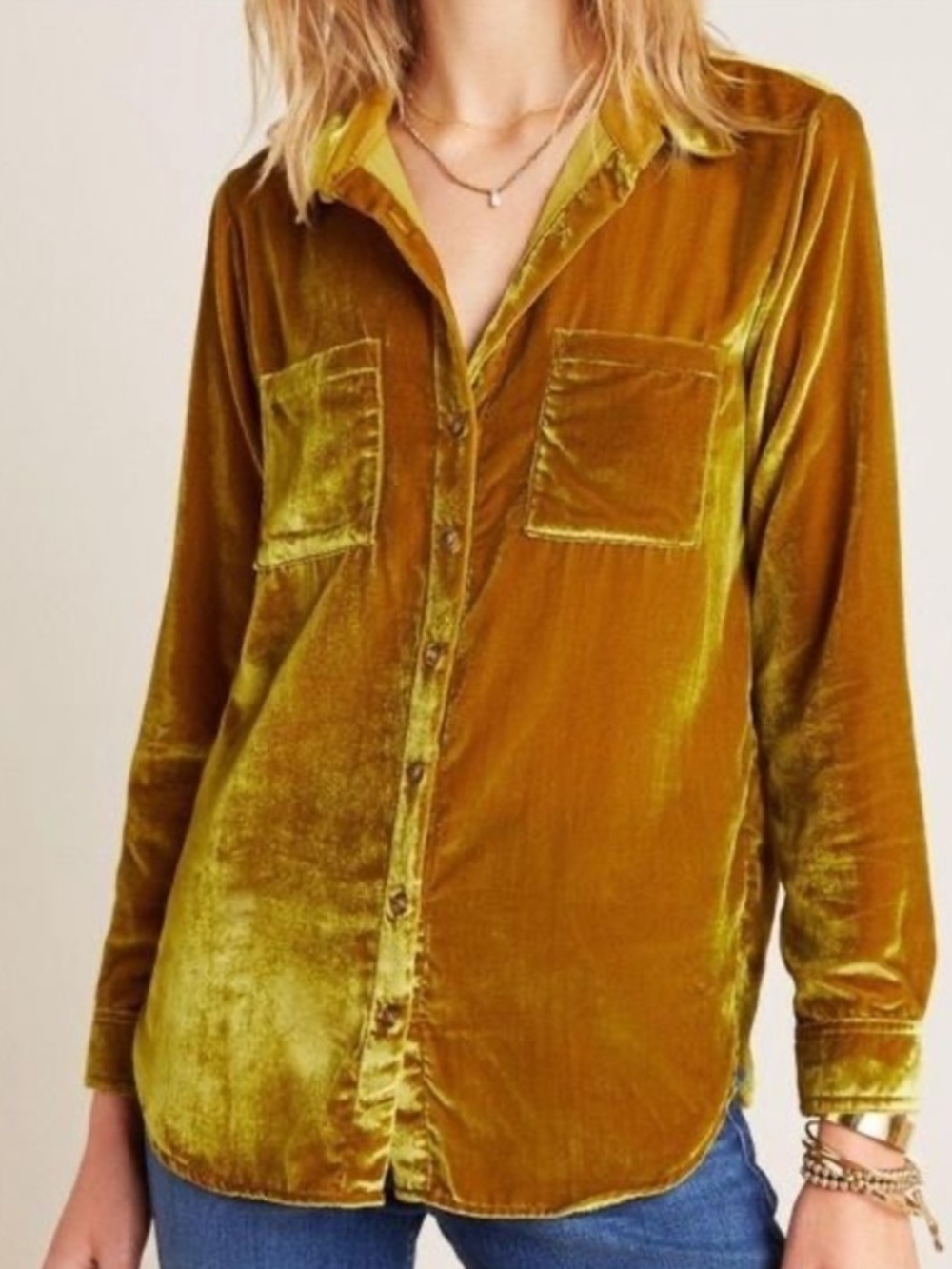Anthropologie Maeve Karina Velvet Button Down Shirt in Gold Size 12